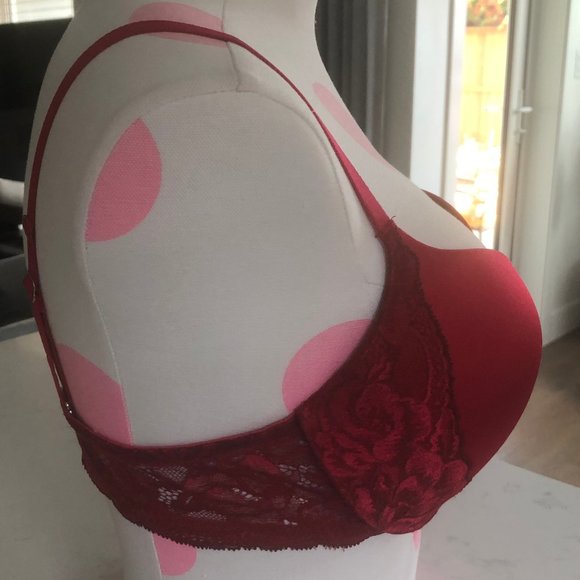 La Senza Body Kiss Plunge Push-Up Bra w Lace Accents + Foam Cups Red Sz 36C NWOT - Picture 2 of 13
